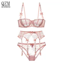 Qizhimiao сексуальные кружева ультра-тонкий прозрачный раздел без pad 1/2 чашки бюстгальтера с подвязками 3 шт./компл