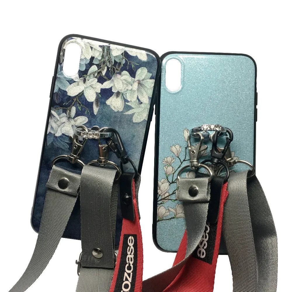 

case for iphone XS MAX XR X 8 7 6 6S plus case cover luxury glitter bling diamong ring holder flower tpu+pc with shoulder strap