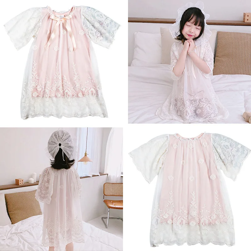 

Ins hot fashion girl pajamas sets 2019ss spring and summer new girls baby lace embroidery lace top lined kids homewear
