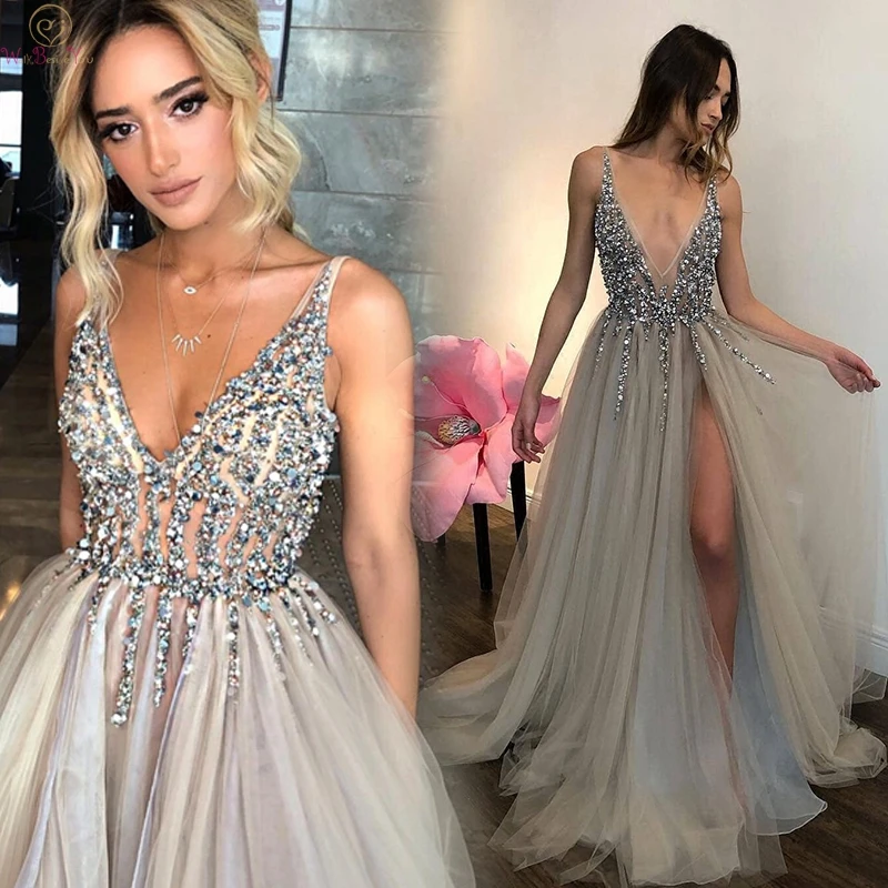 

Sexy V Neck Prom Dresses 2019 High Split Tulle A Line Long robe de bal Formal Party Backless Elegant gala jurken Evening Gowns