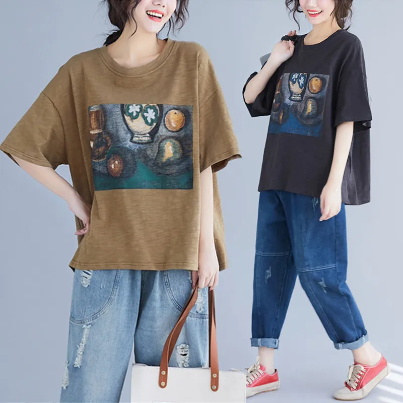 

BIG SIZE 4XL Summer Women Fashion Elegant Pattern Print Tops Tee Female Ladies Plus Large Short Sleeve Loose Cotton T Shirt