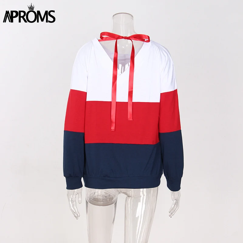 Aproms White Red Color Blocked Long Sleeve T-Shirt Women Fashion Back Bow Tie Tee T Shirt Female Autumn Casual Thin Basic Tops