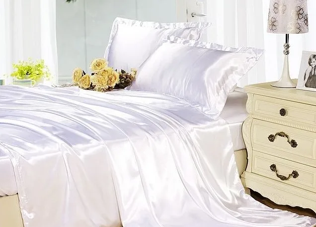 

Silk sheets bedding set White cream silk satin super king size queen double doona duvet cover fitted bed sheets bedspreads 6pcs