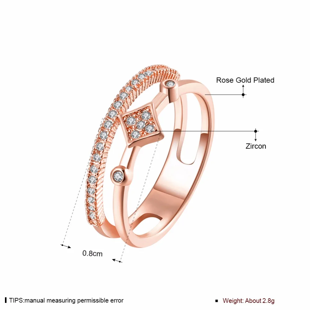 Hot Selling 2 Color Unique Double Rows Women Ring Trendy Rose Gold Color Square Zircon Ring For Party (JewelOra RI102259)