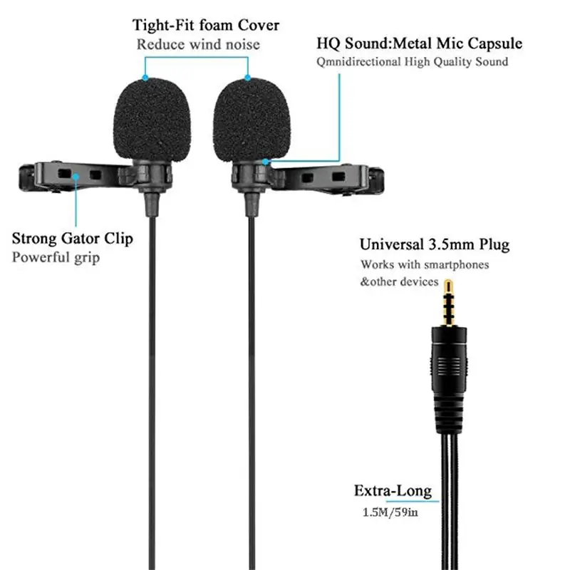 FELYBY двухголовый микрофон-гарнитура микрофон-петличка всенаправленный конденсаторный записывающий микрофон для IOS или Android телефонов/ПК/камеры