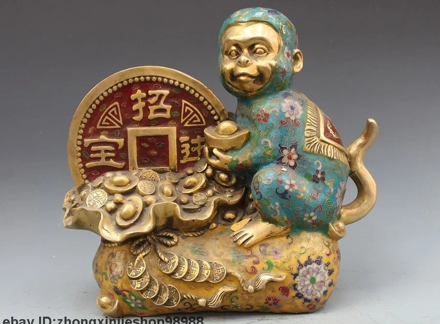 

China Bronze Cloisonne Enamel Lucky Wealth Yuan bao Coins Monkey King Statue