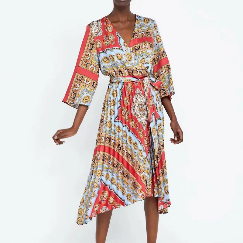 

new 2019 women vintage cross v neck totem floral print mermaid dress female retro bow tied sashes vestidos pleats dress vestido