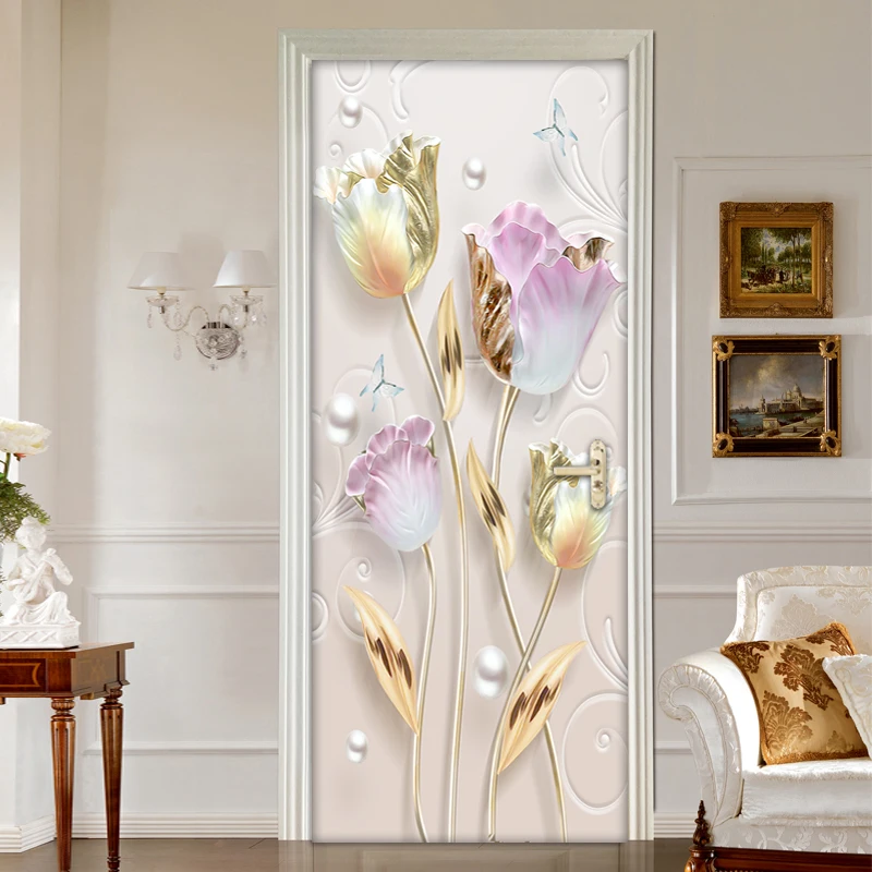 3D стереоскопические тюльпаны цветы наклейки на дверь наклейки на стены DIY самоклеющиеся водонепроницаемые виниловые обои плакат дверная Фреска домашний декор