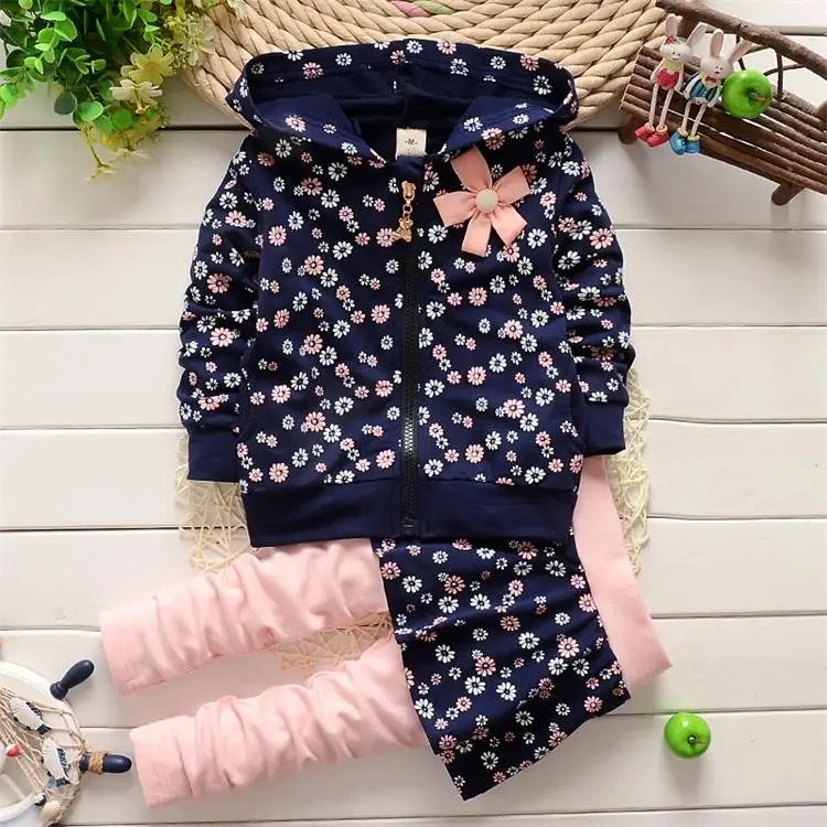 

2017 new style children clothing long sleeve hoodies and skirt pants children sets Girls suit cotton zipper Floral baby sets
