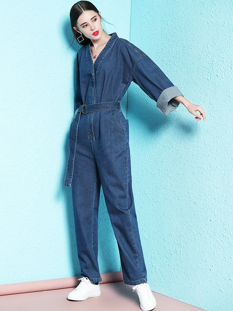 TIYIHAILEY Free Shipping Fashion Safari Style Long Sleeve Women Straight Denim Jumpsuit And Rompers S-XL Spring Autumn Trousers