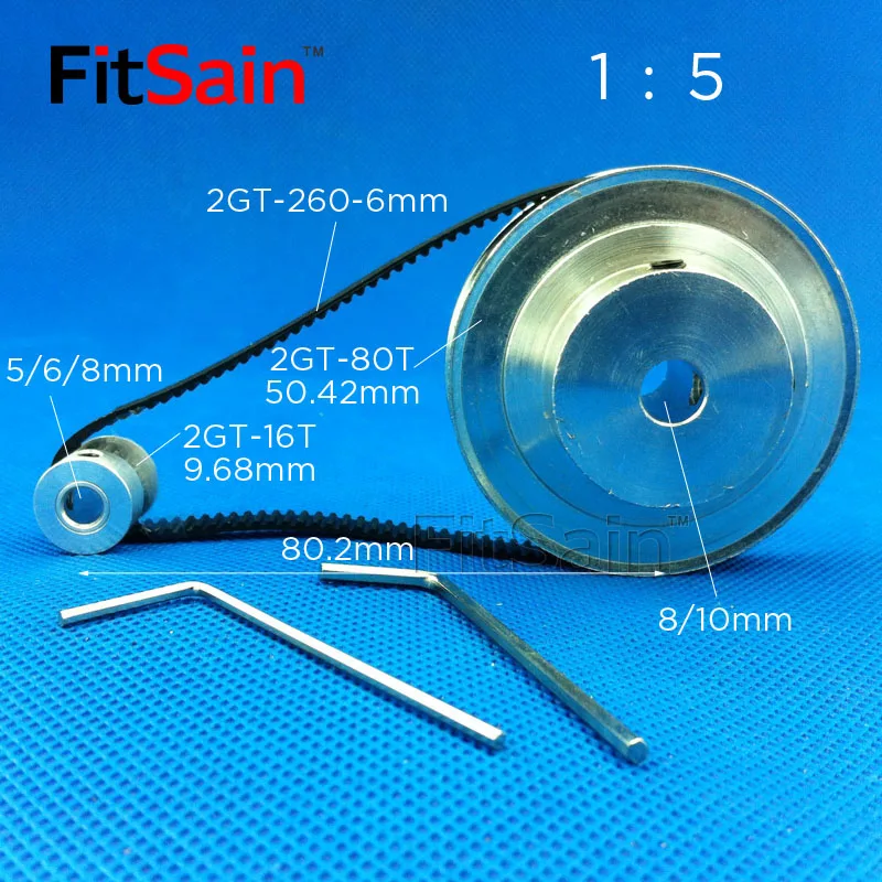 

FitSain-2GT 16T: 80T teeth aluminum alloy pulley 1 : 5 reduction ratio drive synchronous wheel center hole 3.17/4/5/6/8/10/12mm