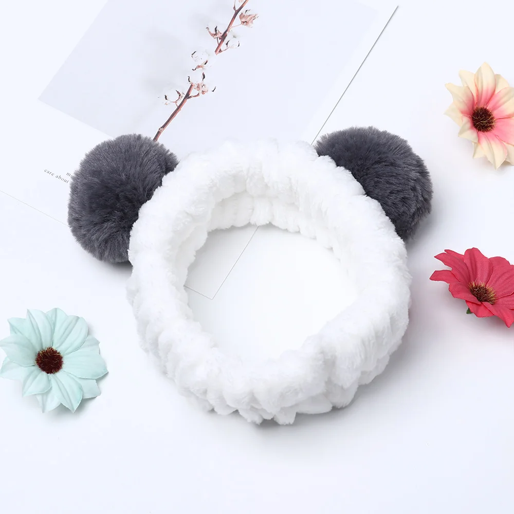 

1 Pcs Elastic Cute Panda Ear Soft Carol Fleece Headband For Women Makeup Shower Washing Face Spa Mask Head Wraps