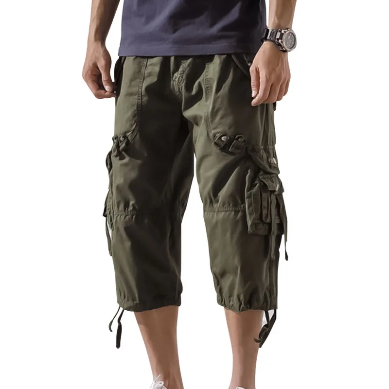 OLOME Осенние новые мужские брюки карго 3/4 длина повседневные тренировочные брюки военные Карго короткие брюки карманы мешковатые тактические прямые поставки - Color: Green