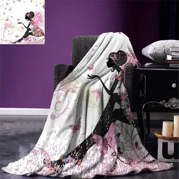 

Girls Throw Blanket Fairy Girl with Wings in a Floral Dress Magical Fantasy Garden Flying Butterflies Warm Microfiber