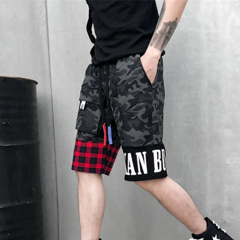 Summer harajuku men high street shorts pathwork camouflage plaid hip ...