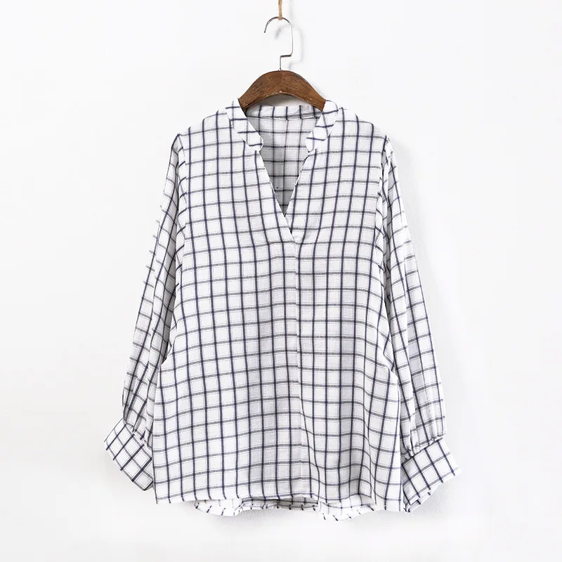 Johnature Lantern Sleeve Plaid Shirts Korean Style Women