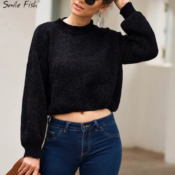

Black White Lazy Style Knitted Long Sleeve Sweater 2019 Sexy Women Short Sweaters Tops Warm Autumn Sweater Pullovers GV699