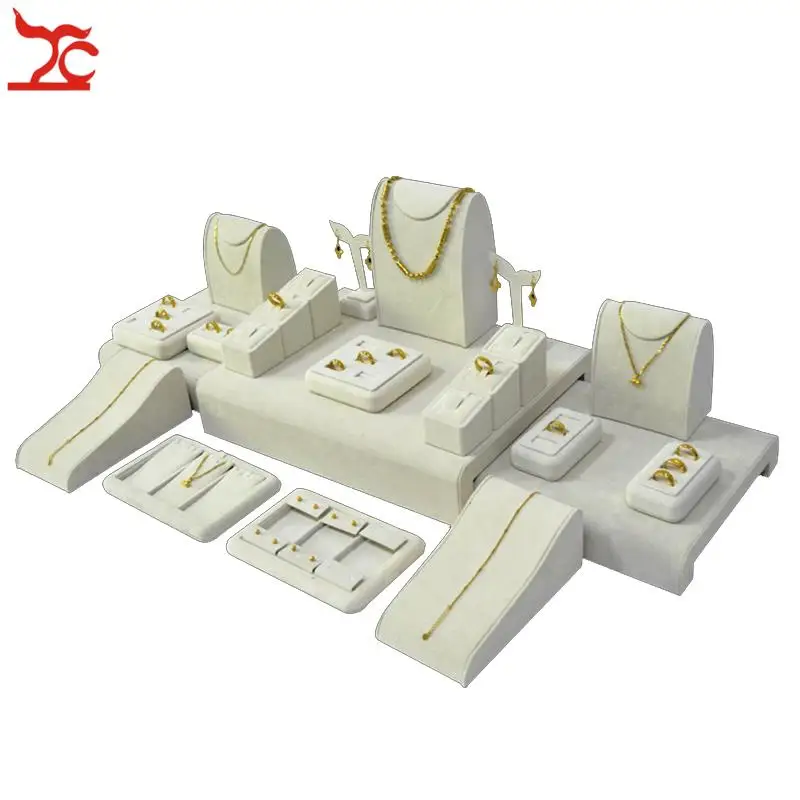 23Pcs Fine Wooden Jewelry Display Counter Case Beige Velvet Ring Holder Stand Earring Pendant Necklace Display Show Case Set