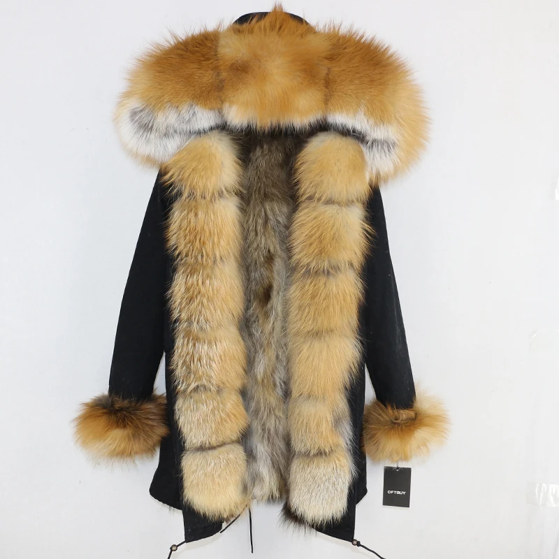 OFTBUY, длинная парка, зимняя куртка для женщин, натуральный Лисий мех енота, пальто с воротником, толстая теплая верхняя одежда, уличная одежда, съемная
