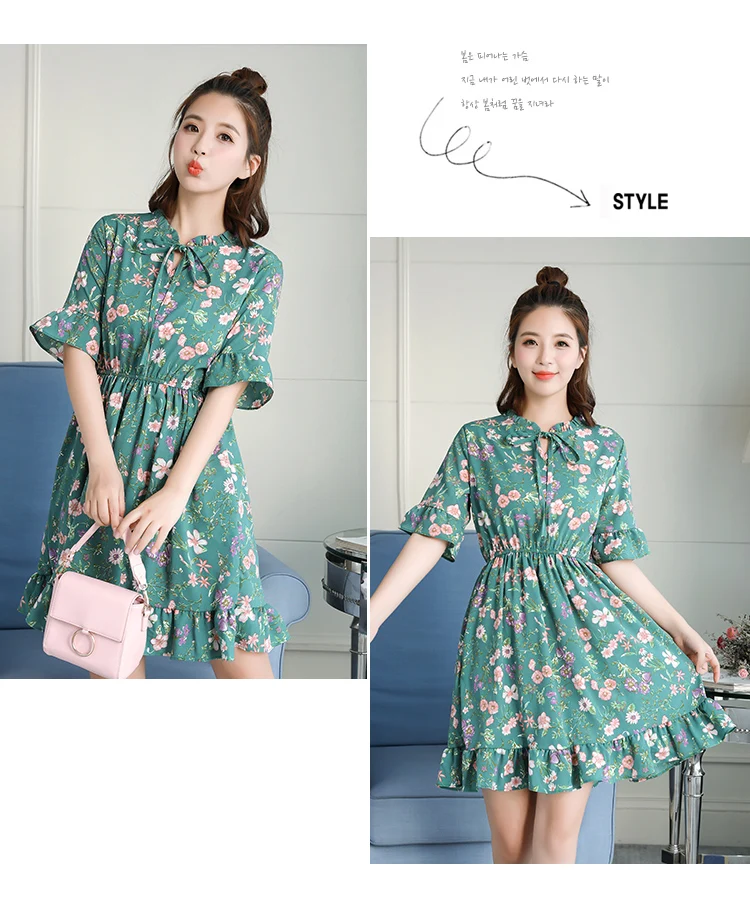 2018送料無料新ファッション花柄シフォンサマードレス甘い薄いスリム女性のワークウェアプリントドレスカジュアルかわいいホット