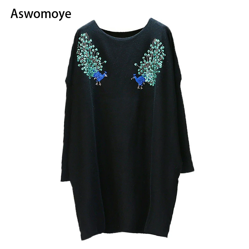 

2018 Autumn Winter New Large Size Women's Round Neck Loose Embroidered Peacock Knittd Sweater Dresses Full Sleeve Solid Color