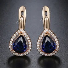 585, розовое золото, заполненные, женские серьги, каплевидные, синие, CZ, на застежке, проложили, прозрачный, кубический цирконий, GE87