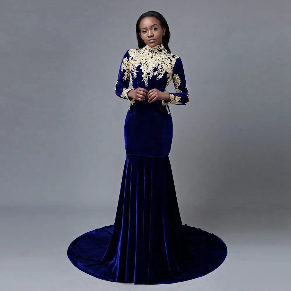 68-1     Elegant Velvet Mermaid Royal Blue Prom Dress Applique Formal Evening Party Gowns