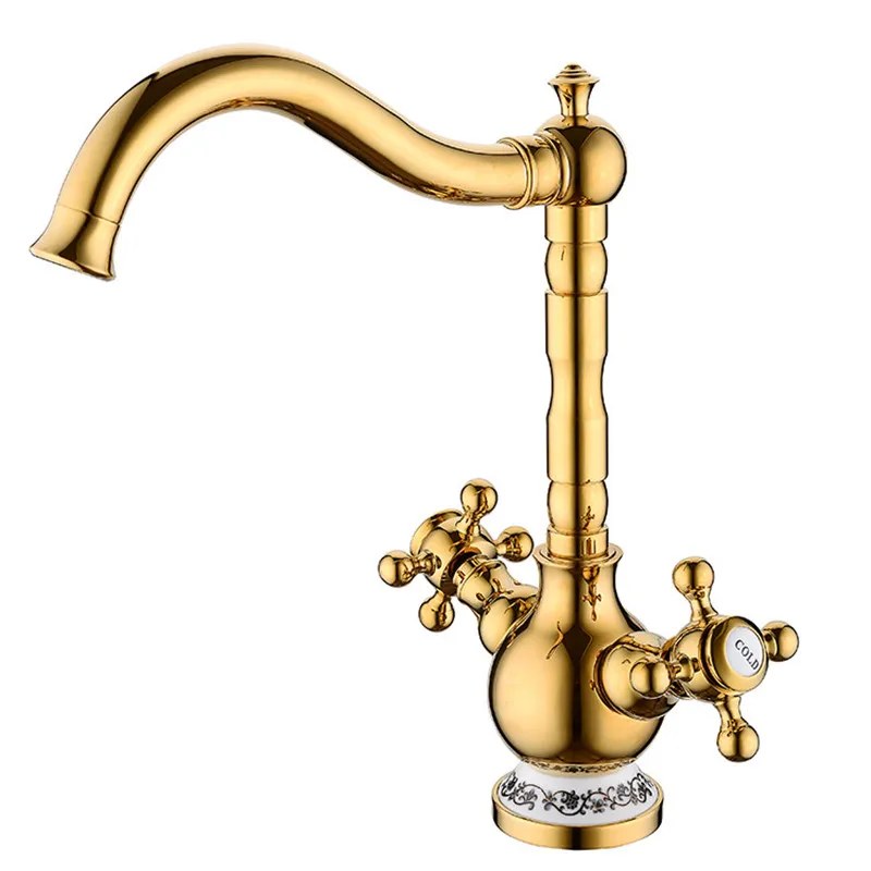 Kitchen Sink Faucet Deck Mounted Hot & Cold Brass Basin Faucet Double Use Ceramic Base Dual Handle Gold Finished Bathroom Crane