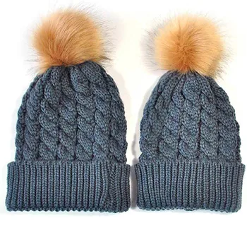 

Mother&Baby Daughter/Son Winter Warm Knit Hat Family Crochet Fur Beanie Ski Cap Newborn baby Winter hat A603