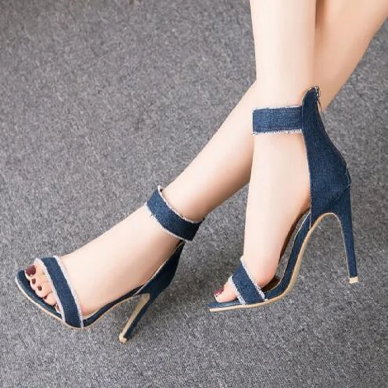 

Women Sexy High Heels Shoes Denim pumps Thin Heel Summer Sandals ladies Peep Toe Zip Casual Female Zapatos Mujer