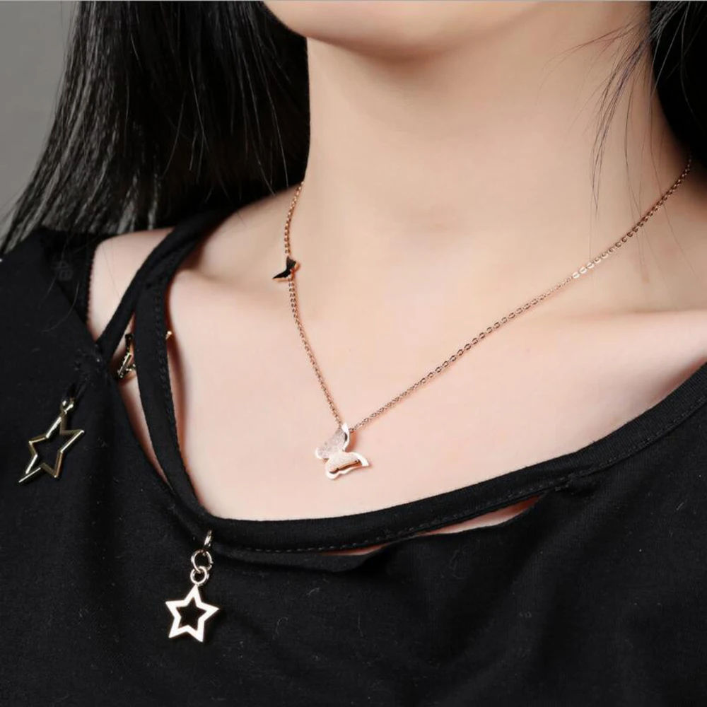 Fashion-vintage-rose-gold-color-stainless-steel-butterfly-necklace-dull-polish-Statement-necklace-for-women