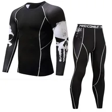 Утягивающий костюм для мужчин с длинным рукавом беговые наборы Быстросохнущий баскетбольный спортзал костюм для бега компрессионный Фитнес Комплект Одежда с черепом