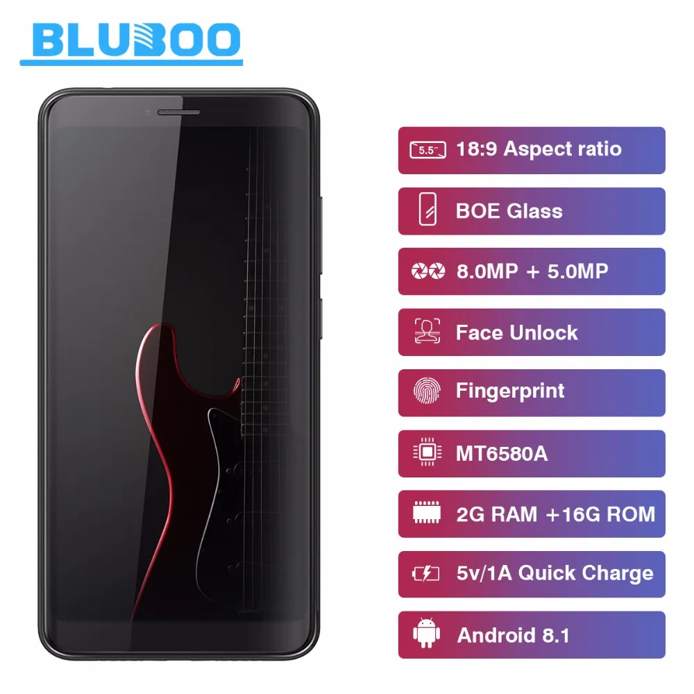 Bluboo D6 Смартфон Android 8 1 MT6580A Quad core 5 дюймов отпечатков пальцев WCDMA 2 ГБ 16 Dual SIM 2700 мАч