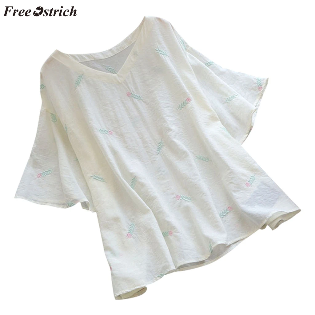 

FREE OSTRICH Summer fashion women V-neck short-sleeved personality feather embroidery cotton linen soft and comfortable T-shirt