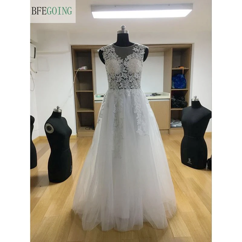 Белое Кружевное Тюлевое свадебное платье трапециевидной формы длиной до пола без рукавов на заказ