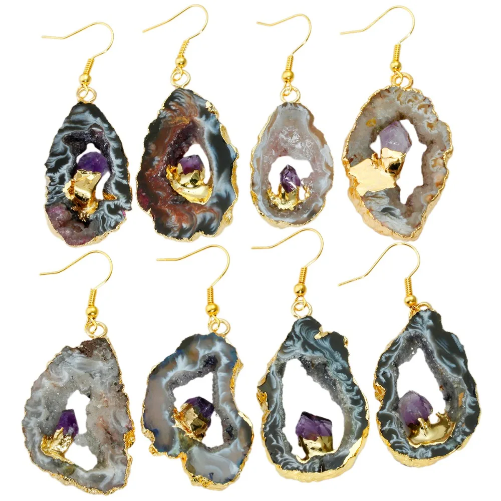 TUMBEELLUWA Freeform Irregular Natural Agate Quartz Geode Druzy Slice Drop Dangle Hook Earrings Trendy Women Jewelry Fashion