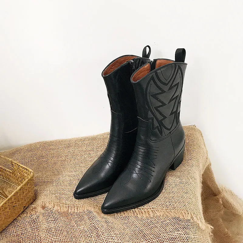 Zip Noir Chaussures Bout Automne En Cuir Chic Pointu Bottes Brodé 2019 MiVeau Hiver Design Taille Pic Chaude Femmes Talon As HW2YED9I