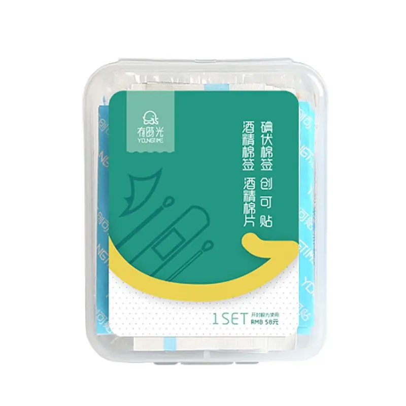 

Iodophor Alcohol Cotton Swab Wipes Band Aid Set Mini Storage Case Portable Outdoor Emergency First Aid Rescue Supply