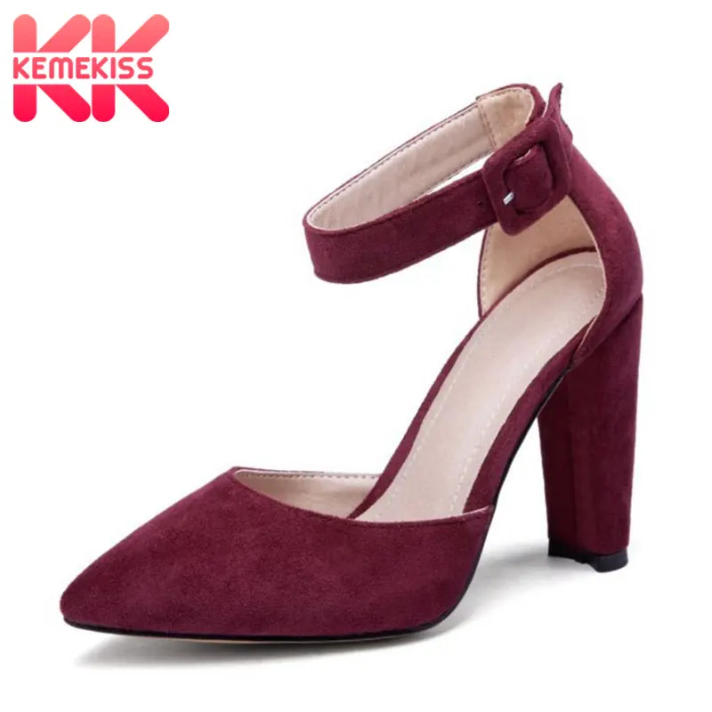 

KemeKiss Women Sandals Fashion Women Shoes Buckle Wedding Super Square High Heel Pointed Toe Red Wine Ladies Shoes Size 34-43