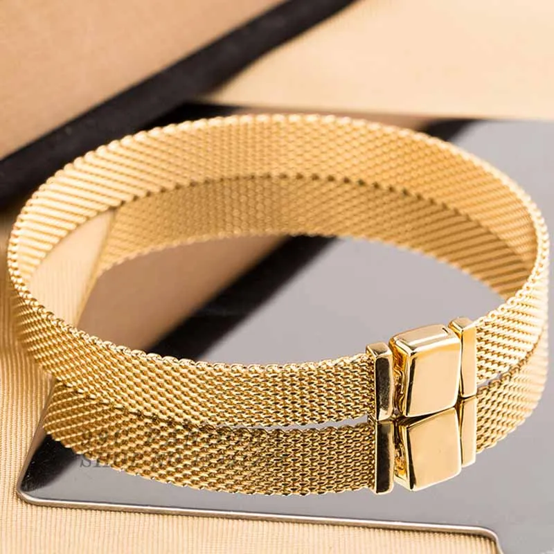 

New 925 Sterling Silver Bracelet Gold Color Shine Woven Mesh Reflexions Bracelet Bangle Fit Women Bead Charm Pandora Diy Jewelry