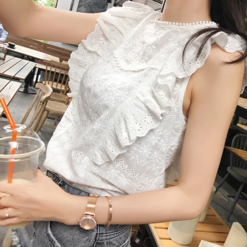 Mishow volant épaule o-cou broderie dentelle Blouse blanc à volants Blouses sans manches femmes décontracté hauts MX18B4734