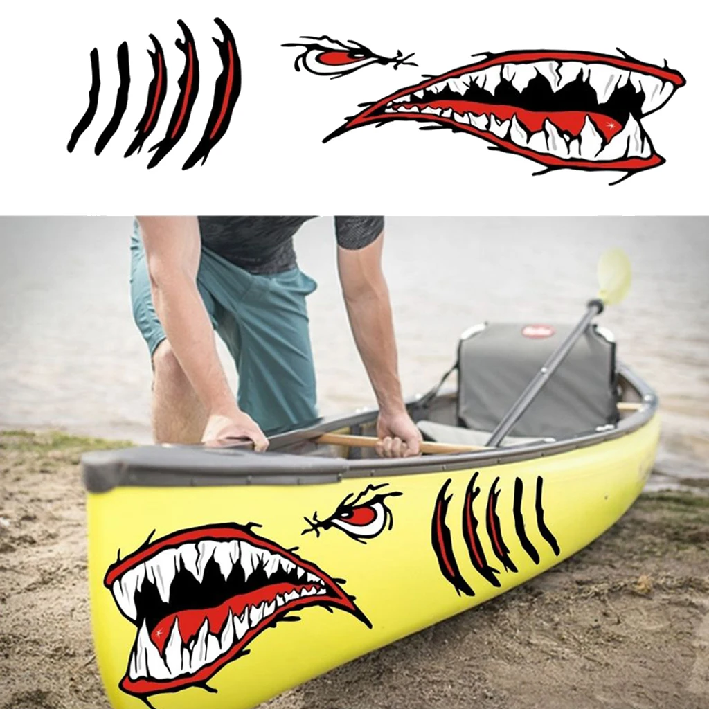 2 Pieces Waterproof Shark Teeth Mouth Eyes Stickers Kayak Boat Car Bumper Window Funny Decals -Self adhesive & Long Lasting