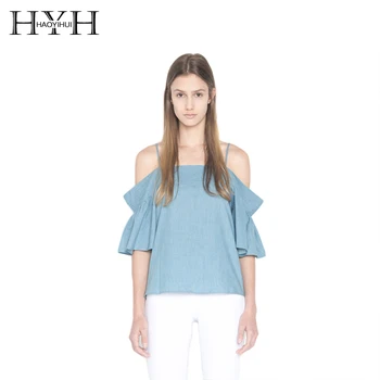 

HYH HAOYIHUI 2018 Off Shoulder Slash Neck Sweet Solid Blouse Simple Spaghetti Strap Denim Regular Half Sleeve For Lady