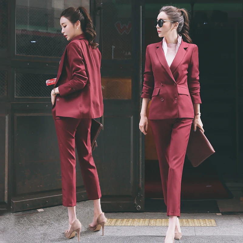 Fashion 2 Pieces Sets Double Breasted Jacket & Pencil Pant Suits Women