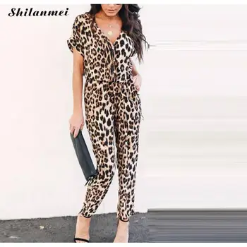

Fashion Leopard Print Sexy Jumpsuits Summer Short Sleeve Long Pant Streewear Button Deep V Neck Lady Office Casual Sexy Overalls