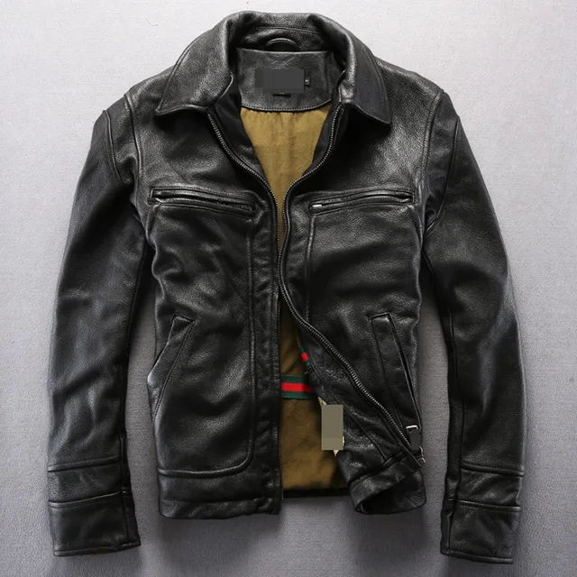 Vintage genuine leather jacket men black leather motorcycle jacket men ...