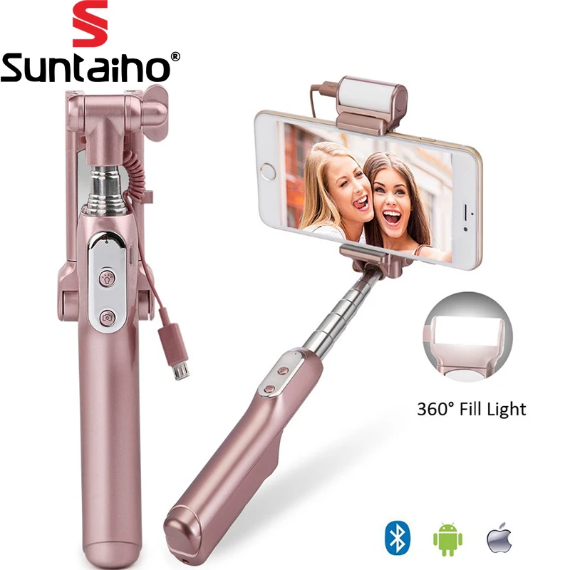 Suntaiho Bluetooth Monopod Self Stick with Rear Mirror and Light Remote Shutter Monopod Fill Light for