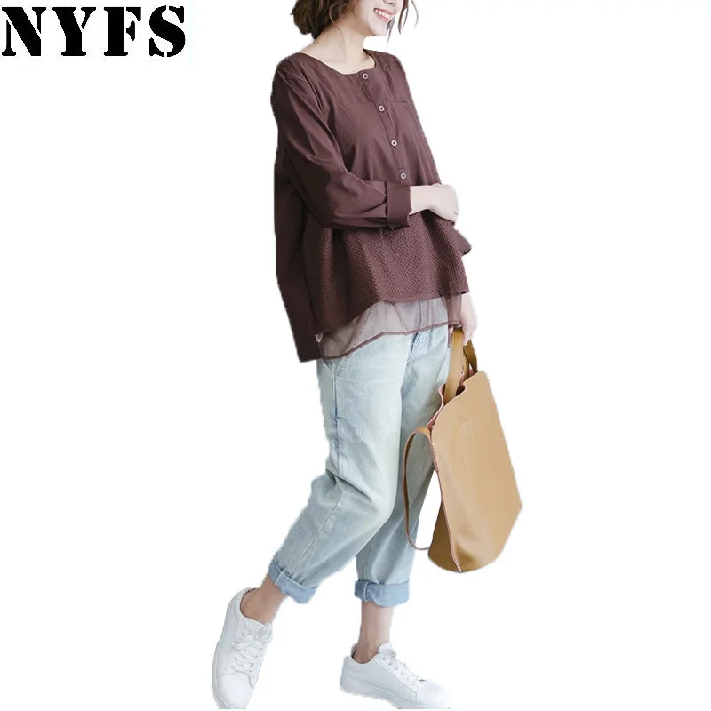 

NYFS 2019 New Style Autumn Women Blouses Single Breasted Stripe Cotton Shirt Casual Women Loose Blouse