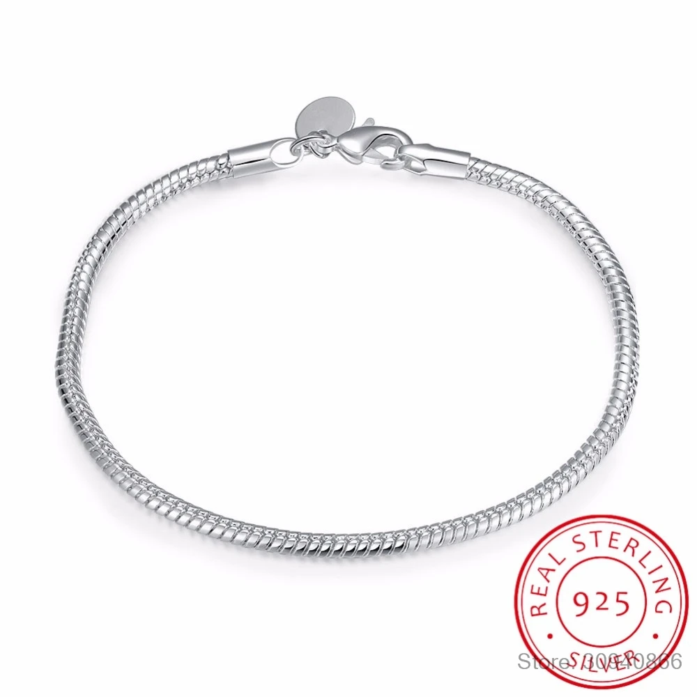 

100% 925 Sterling Silver 3mm Snake Bone Chain Bracelets & Bangles For Women Lady Fine Jewelry