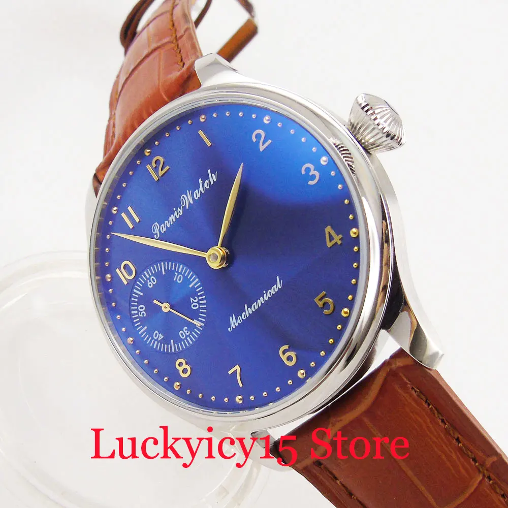 

PARNIS Hand Winding Men's Watch Blue Dial 44mm Wristwatch Blue Dial 6497 Movement